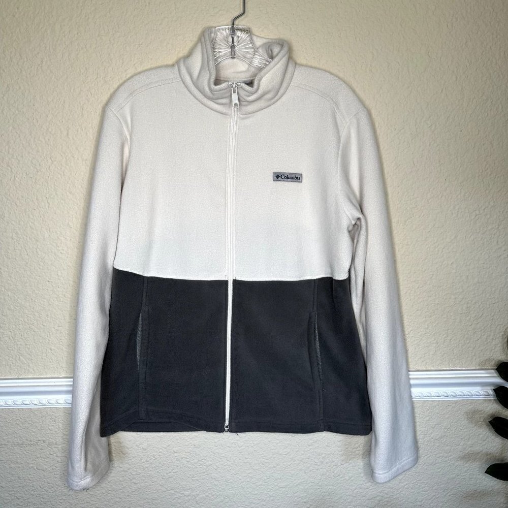 Columbia Womens L Full Zip Fleece Jacket Gray & Ivory Two Tone High Neck Pockets